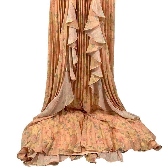 Aqua Formal Floral Cutout A-Line Long Gown Dress Ruffle Skirt Peach 12 NWT - Picture 5 of 8